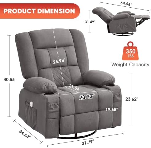 Oversized Recliner Chair for Adults w/ 4-Point 3D Kneading Massage and Lumbar Heating Swivel Rocker Recliner w/USB Charge Port for Living Room Ergonomic Lazy Boy Single Sofa Chair (Gray)