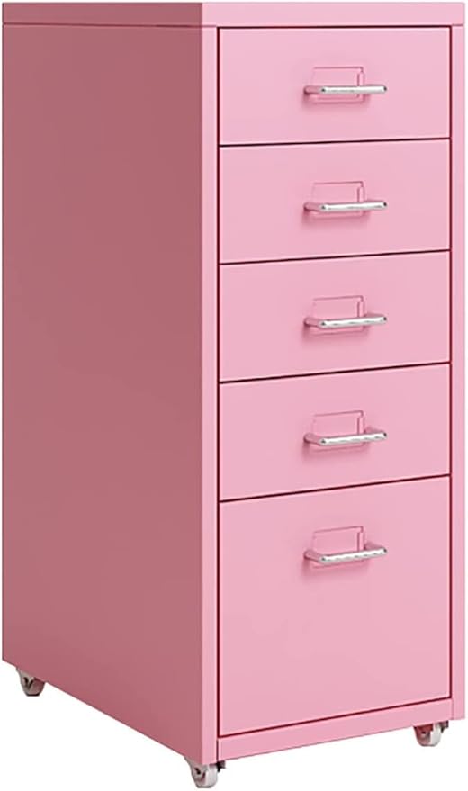 5-Drawer File Cabinet Metal Mobile File Cabinet with Wheels Filing Cabinet Under Desk for Home/Office (Color:Pink)