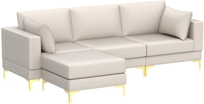 kevinplus 93'' Sectional Sofa Couch for Living Room with Convertible Chaise Ottoman Modern 3-Seat L-Shape Sofa Couch with Golden Metal Legs for Bedroom Home Office Apartment Small Space Beige