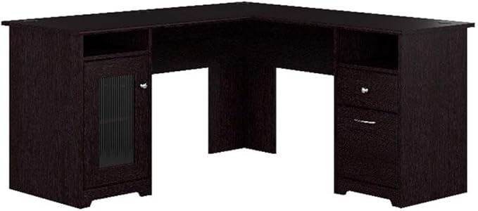 BOWERY HILL L Shaped Engineered Wood Computer Desk 60W x 60D x 30H Espresso Oak Finish Built-in Wire Management Storage Cabinet with Fluted Glass Door File Drawer Home Office Desk