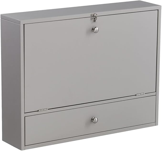 BOWERY HILL Modern Wooden Wall Mounted Laptop Desk Warm Gray Finish Engineered Wood Fold-Down Writing Surface Multiple Storage Compartments Corkboard Compact Design for Home Office or Kitchen