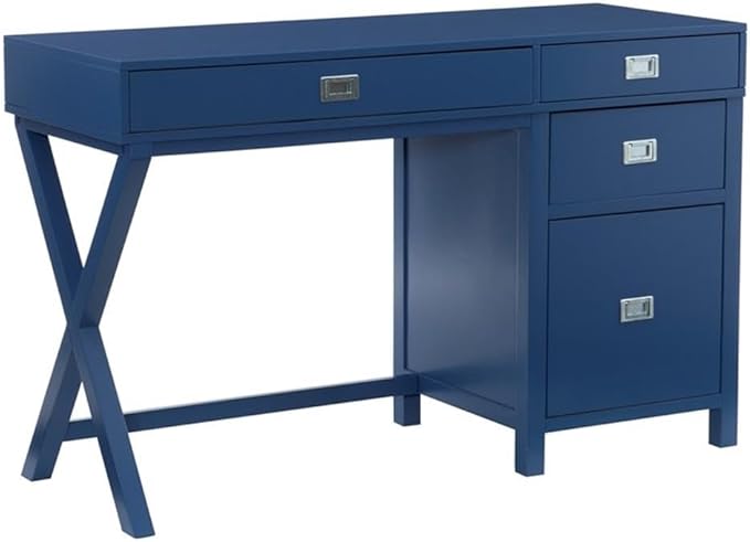 Pemberly Row Modern Wood Side Storage Desk 48 W x 18 D x 30 H Navy Blue Finish 4 Drawers with Silver Handles X-Frame Design Home Office or Bedroom Desk for Writing or Computer Use