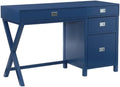 Pemberly Row Modern Wood Side Storage Desk 48 W x 18 D x 30 H Navy Blue Finish 4 Drawers with Silver Handles X-Frame Design Home Office or Bedroom Desk for Writing or Computer Use