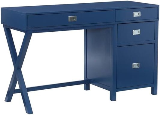 Pemberly Row Modern Wood Side Storage Desk 48 W x 18 D x 30 H Navy Blue Finish 4 Drawers with Silver Handles X-Frame Design Home Office or Bedroom Desk for Writing or Computer Use
