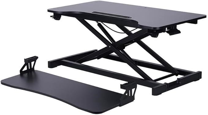 Pemberly Row Standing Desk Converter Adjustable Height Riser Black MDF Surface 31.5 x 16.4 Desktop Includes Dual Monitor Arm &amp Tablet Holder Ergonomic Keyboard Tray Home Office Use