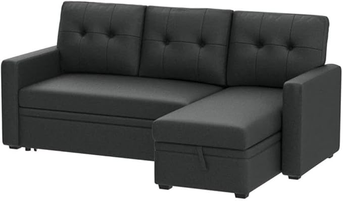 Devion Furniture L-Shaped Polyester Fabric Reversible Easy Convertible Pull-Out Sleeper Sectional Sofa/Storage Chaise with Tufted Back Cushions and Track Arms in Dark Gray