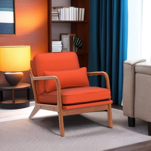 Karl home Accent Chair Mid-Century Modern Chair with Pillow Linen Fabric Upholstered Lounge Arm Chair with Solid Wood Frame &amp Soft Cushion for Living Room Bedroom Balcony Burnt Orange