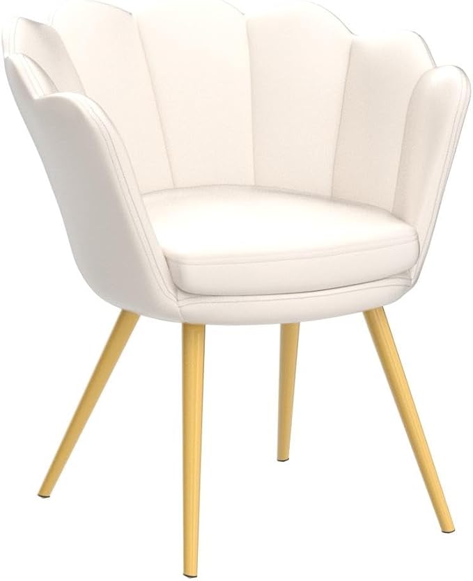 chairus Cream White Makeup Vanity Chair with Back Small Modern Velvet Upholstered Accent Chair with Gold Metal Legs Cute Shell Shaped Vanity Stool Desk Chair for Living Room Bedroom Dressing Room