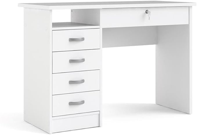 Pemberly Row Transitional Engineered Wood Home Office Computer Desk White Finish 43 in Wide 5 Drawers with Lockable Storage Durable Scandinavian Design Ideal for Writing or Work Spaces
