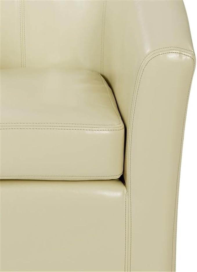 Pemberly Row Bonded Leather Swivel Tub Chair Beige Finish 29.5 H x 30 W x 29.5 D Solid Birch Wood Legs Dark Mahogany Accent Durable Upholstered Accent Chair for Living Room or Office Use