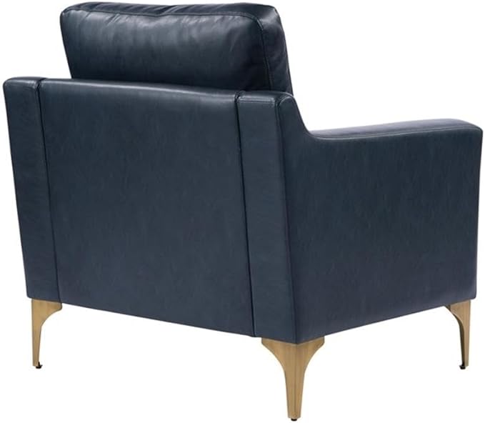 Pemberly Row Stationary Arm Chair Navy Blue Faux Leather Upholstery Solid Wood Frame Bronze Metal Legs High Density Foam Cushions Modern Accent Chair for Living Room or Office Use