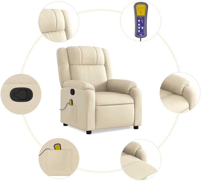 vidaXL Massage Recliner Chair for Living Room Adjustable Recliner with 6-Point Vibration Massage Home Theater Seating with Padded Seat Backrest &amp Side Pocket Cream Fabric