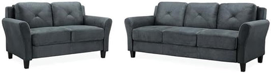 BOWERY HILL Transitional Set of 2 Solid Hardwood Frame Dark Gray Microfiber Upholstered Stationary Sofa &amp Loveseat with Tufted Back Cushions