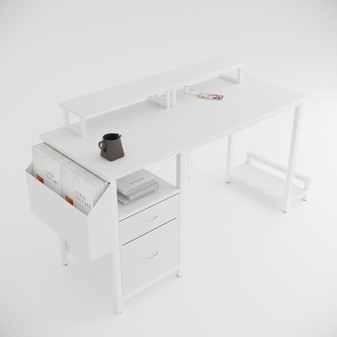 Office Desk with Power Outlet2 Monitor Stands2 DrawersSide PocketEasy to AssembleFrame Stability Reversibleuse for Home Desk Computer Desk Game TableWhite