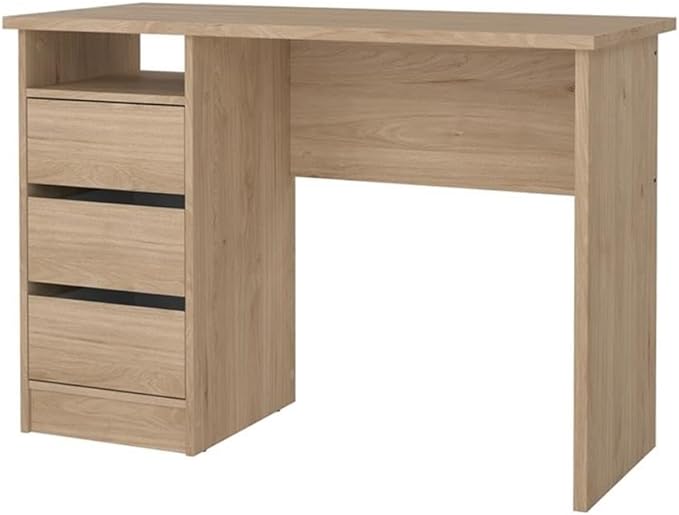 Pemberly Row Writing Desk 43.31 in. H x 19.09 in. D x 29.92 in. W Engineered Wood with Jackson Hickory Finish 3 Smooth Gliding Drawers Open Shelf Compact Home Office Desk for Small Spaces