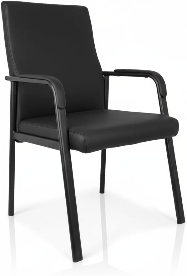 Leather Office Guest Chair Guest Conference Room Chair 600 LBS Capacity High Back Reception Chair with Padded Armrests No Wheels Black - 1 Pack