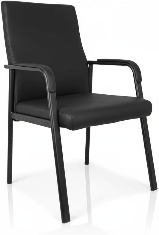 Leather Office Guest Chair Guest Conference Room Chair 600 LBS Capacity High Back Reception Chair with Padded Armrests No Wheels Black - 1 Pack