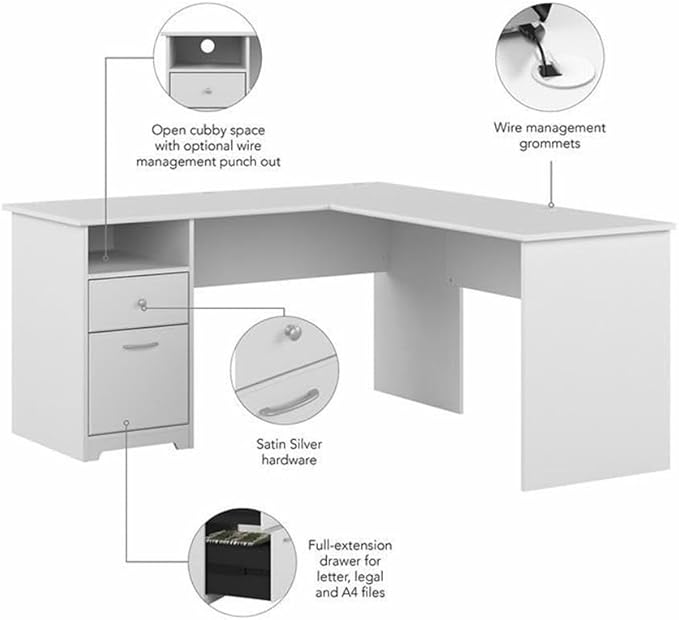 Bush Home Cabot 60W L Shaped Computer Desk with Drawers White