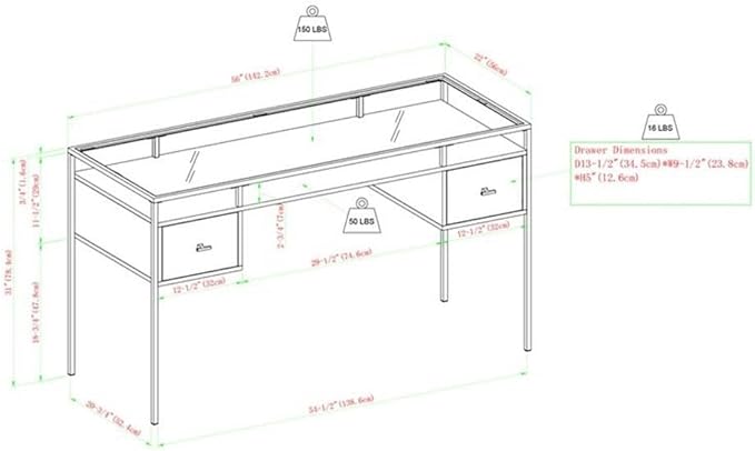 Pemberly Row 56 2-Drawer Writing Desk Tempered Glass Top and Gray Wash Finish Mixed Materials with Metal Frame Modern Executive Desk for Home Office or Workspace Use