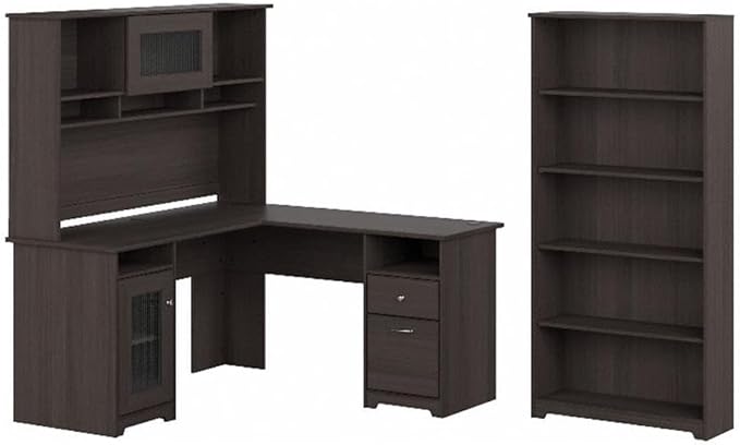 Bush Home Cabot 60W L Shaped Computer Desk with Hutch and 5 Shelf Bookcase in Heather Gray