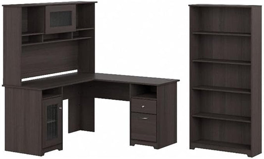 Bush Home Cabot 60W L Shaped Computer Desk with Hutch and 5 Shelf Bookcase in Heather Gray