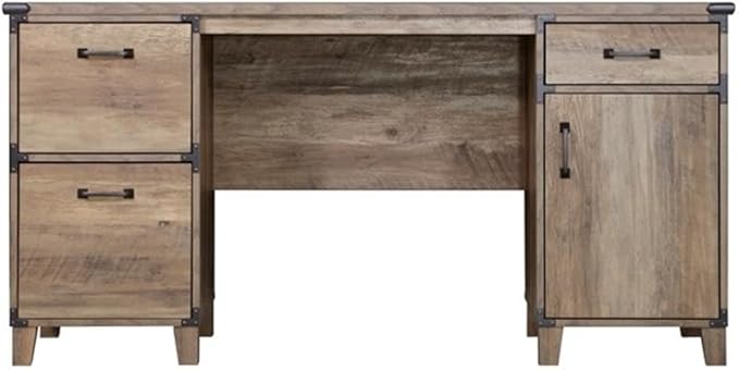 Pemberly Row Farmhouse Engineered Wood Executive Desk Rustic Oak Finish 59.4 W x 23.8 D x 29.7 H Spacious Storage with File Drawers Accessory Drawer Cabinet Home Office Furniture