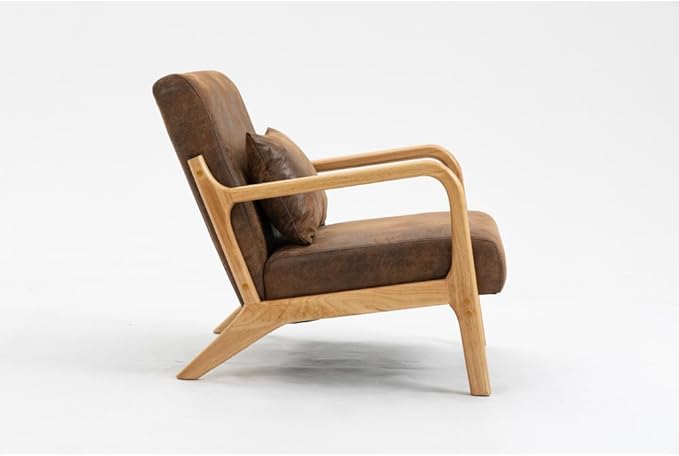 Mid Century Modern Accent Chair with Wood Frame Upholstered Living Room Chairs with Waist Cushion Reading Armchair for Bedroom Sunroom (Brown + Fabric + Cotton)