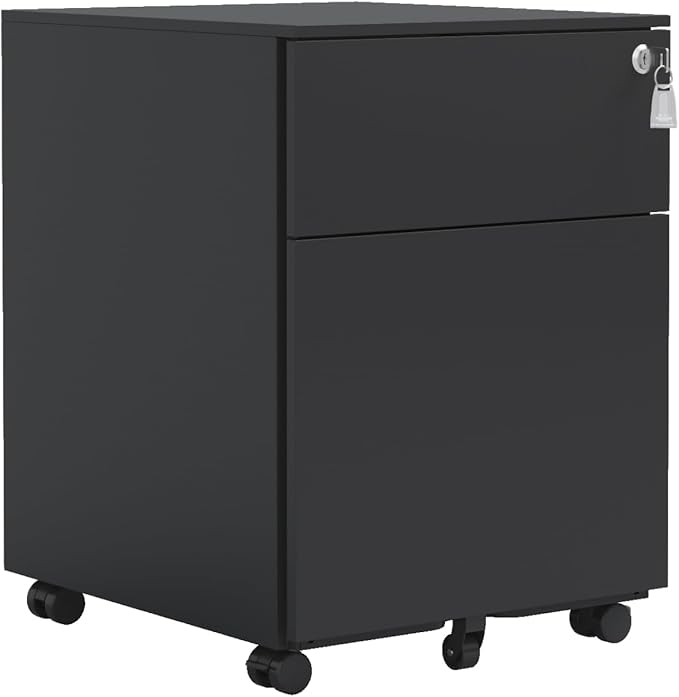 2 Drawer Mobile File Cabinet with Lock Steel File Cabinet for Legal/Letter/A4/F4 Size Steel Black Rolling Storage Cabinet Home Office Durable