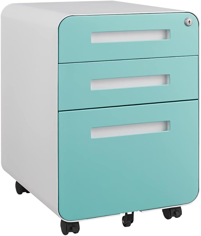 3-Drawer Mobile Filing Cabinet with Lock Legal/Letter Sized Office Storage Suitable for Offices and Study Rooms (White+Green)