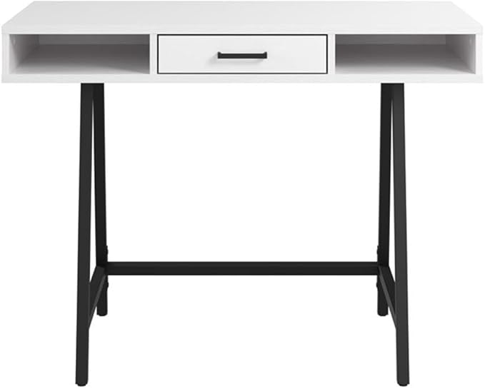 Pemberly Row 40 W Writing Desk Pure White Oak Finish Engineered Wood Compact with Storage Box Drawer and Open Compartments Industrial Style Powder-Coated Metal Legs Home Office or Study Desk