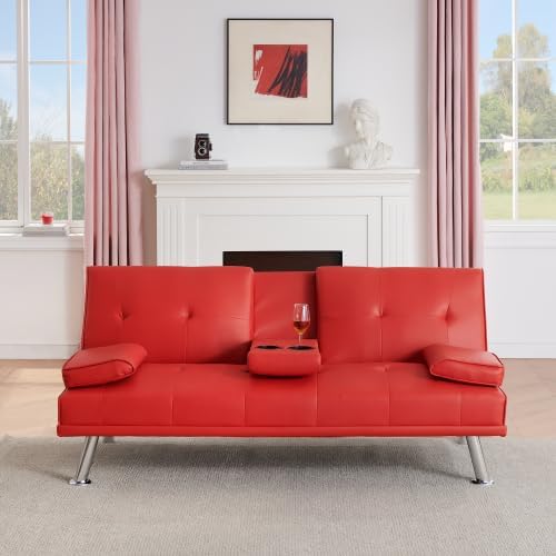 KEIKI 67 Leather Folding Futon Sofa w/Cup Holder &amp Adjustable Backrest Mid Century Modern Couch Loveseat Convertible to Sleeper Bed Comfy Cloud Couch SofaBed for Living Room &amp Bedroom Red