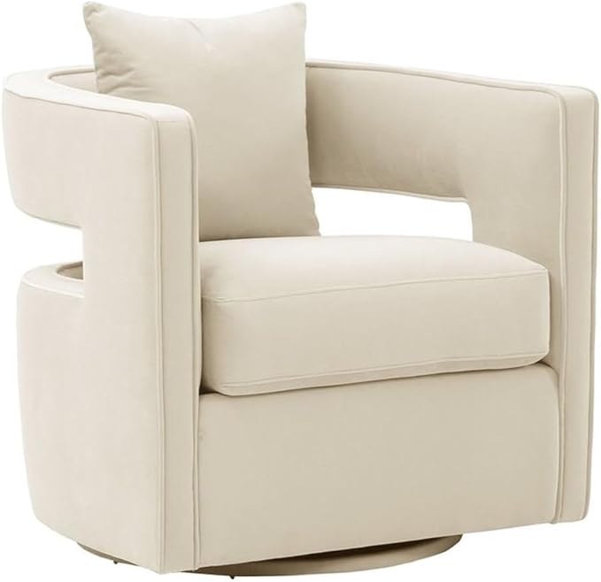 Maklaine 31.5 Velvet Swivel Accent Chair Cream Finish Solid Wood Frame and Stainless Steel Base Plush Foam Fill Transitional Style Handmade Chair for Living Room or Bedroom Seating
