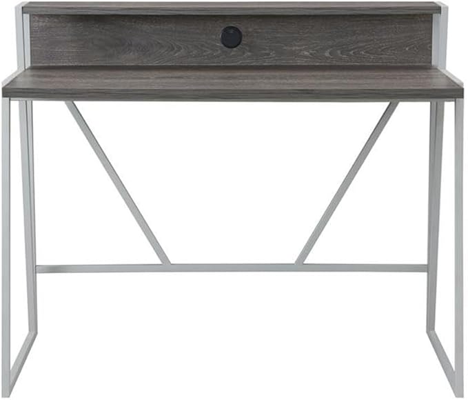 Pemberly Row 44 L x 23.75 W Writing Desk Weathered Wood and Nickel Finish HPL Worksurface Iron Frame MDF Shelf Cable Management 30 Clearance Home Office Desk with Riser Shelf