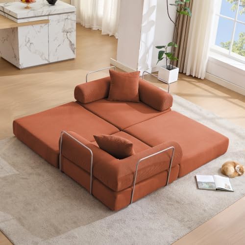 Foldable Sofa Bed 75 Inch Boneless Couch Convertible Memory Foam Sleeper Sofabed Floor Mattress with 2 Pillows Microfiber Cloud Sofa for Living Room Apartment No Assembly (Orange)