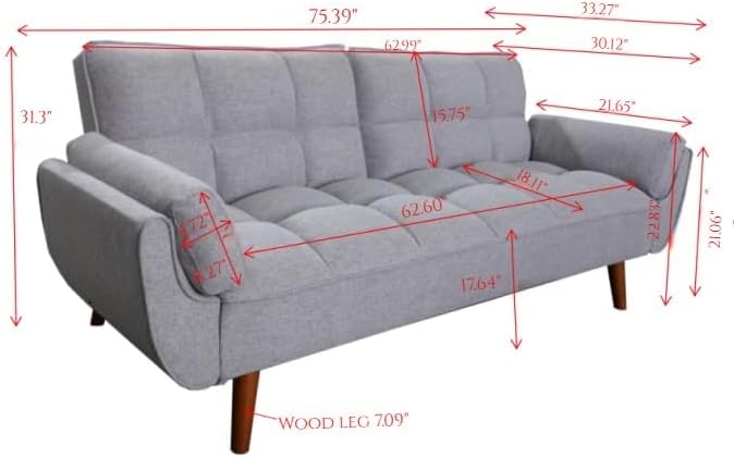 Convertible Futon Sofa Bed Modern Futon Couch with 2 Pillows Small Futons Couch with Adjustable Armrest &amp Backrest Loveseat Sofa Bed for Living Room Bedroom Gray