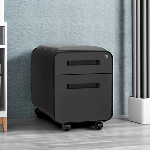 Laura Davidson Furniture STOCKPILE Mini Seated 2 Drawer Mobile File Cabinet with Removable Magnetic Cushion Seat - Short Version Metal Filing Cabinet Pre-Assembled Black with Grey Cushion
