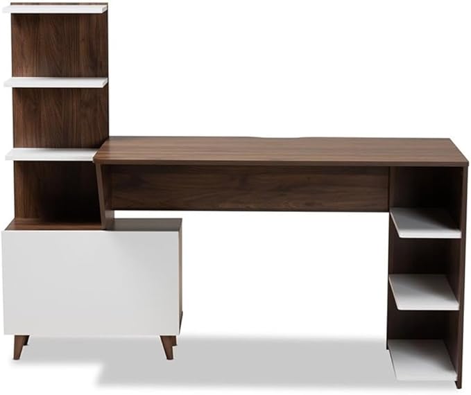 BOWERY HILL Storage Computer Desk 60.6 Wide Wood Construction White and Walnut Brown Finish 6 Shelves with Enclosed Compartment Mid-Century Style for Home Office or Workspace