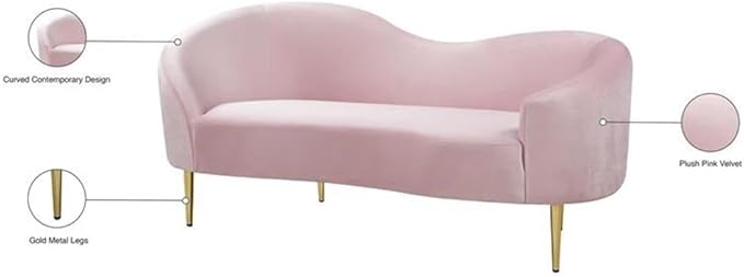 Meridian Furniture Ritz Collection Modern | Contemporary Velvet Upholstered Loveseat with Sturdy Metal Legs in Rich Gold Finish Pink 67 W x 31.75 D x 30.5 H