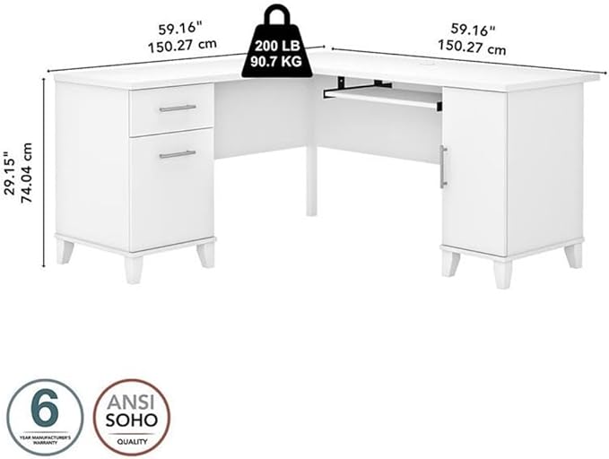 Pemberly Row 60W L Shaped Desk with Storage Engineered Wood White Finish Wire Management Slots Keyboard Tray Adjustable Shelf File Drawer Home Office Desk for Workspace Organization