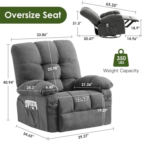 Oversized Recliner Chair for Adults w/ 8-Point 3D Kneading Massage and Lumbar Heating Swivel Rocker Recliner w/USB Charge Port for Living Room Ergonomic Lazy Boy Single Sofa Chair (Gray New)