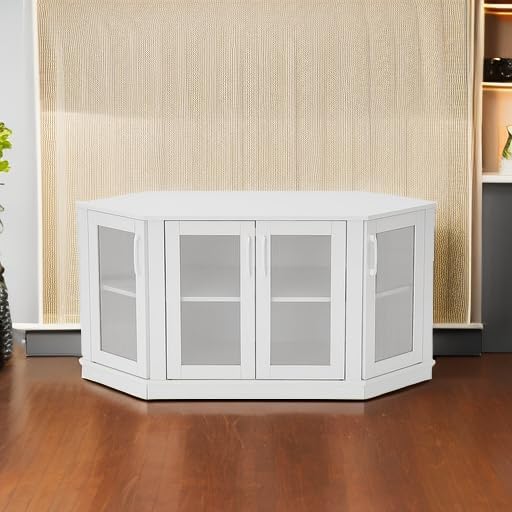 Panana Corner TV Stand - 47 Inch Media Console with 4 Doors and Shelves Living Room Storage for TVs up to 51 Inch (White)