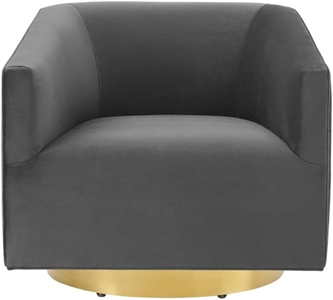 Pemberly Row Performance Velvet Swivel Chair 28H x 31.5W x 33D Brushed Gold Metal Base Stain-Resistant Charcoal Upholstery Dense Foam Padding Barrel Back Design for Living Room or Lounge Use