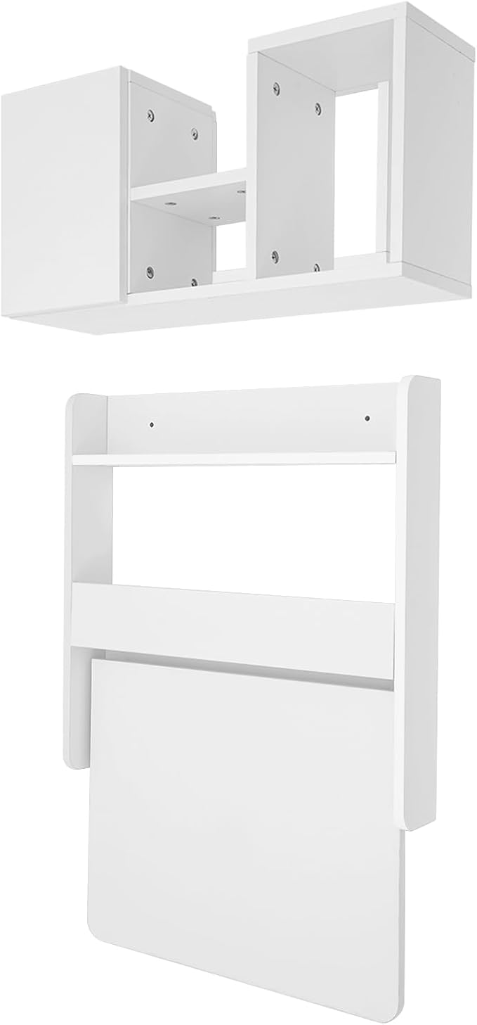 Wall Mounted Folding Desk Solid Wood Floating Laptop Desk with Wall Mounted Bookshelf for Living Room Coffee Shop Apartments 88lbs Table Load-Bearing (White)