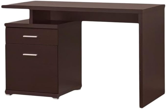 Contemporary Wood Desk with Cabinet Cappuccino Finish 47.25W x 23.5D x 29.5H Chrome Accent Hardware Storage Shelves and Drawer Minimalist Home Office Desk for Workspace