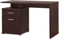 Contemporary Wood Desk with Cabinet Cappuccino Finish 47.25W x 23.5D x 29.5H Chrome Accent Hardware Storage Shelves and Drawer Minimalist Home Office Desk for Workspace