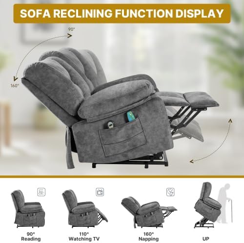 Electric Power Lift Recliner Chair Recliner Sofa for Elderly Heat and Massage2 Cup Holders Recliners Chairs for Living Room Infinite Position and Double 2 Side Pocket (Grey)