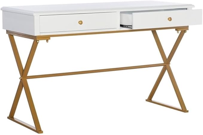 Pemberly Row Modern Metal Desk 47.5 W x 19.5 D x 29.25 H White MDF Top Brass Finish Legs 2 Drawers Sleek Home Office Desk for Bedroom or Living Room Workspace Assembly Required