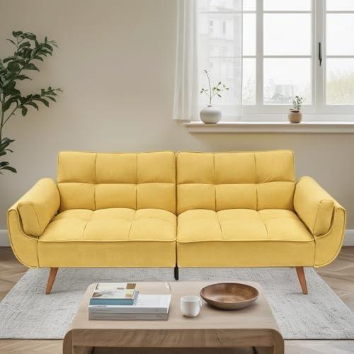 Convertible Futon Sofa Bed Modern Futon Couch with 2 Pillows Small Futons Couch with Adjustable Armrest &amp Backrest Loveseat Sofa Bed for Living Room Bedroom Yellow