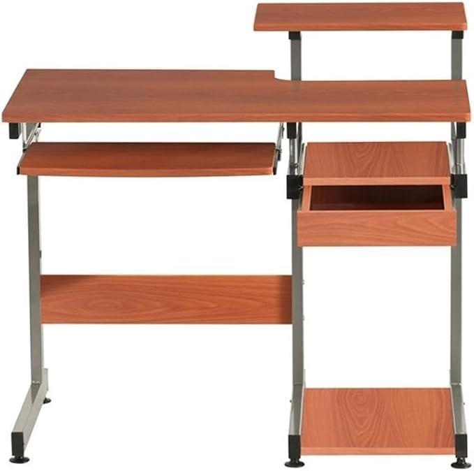 Pemberly Row Contemporary Wood/Steel Computer Desk 38 W x 22 D x 30 H Mahogany Finish MDF and Steel Construction Pull-Out Keyboard Tray Printer and Scanner Shelves Home Office Desk