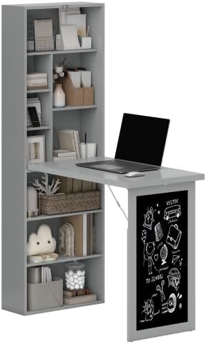 Foldable Wall Mounted Desk with Storage Shelves Fold Out Convertible Computer Table with Blackboard Folding Writing Table Workstation for Small SpacesHome Office (Grey)